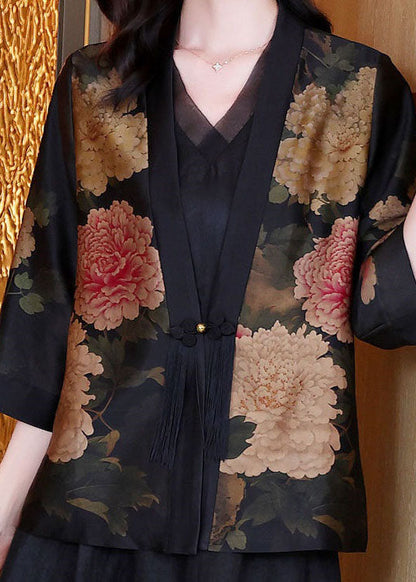 Black V Neck Tasseled Print Patchwork Silk Jackets Spring