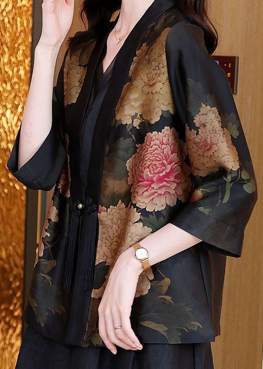 Black V Neck Tasseled Print Patchwork Silk Jackets Spring