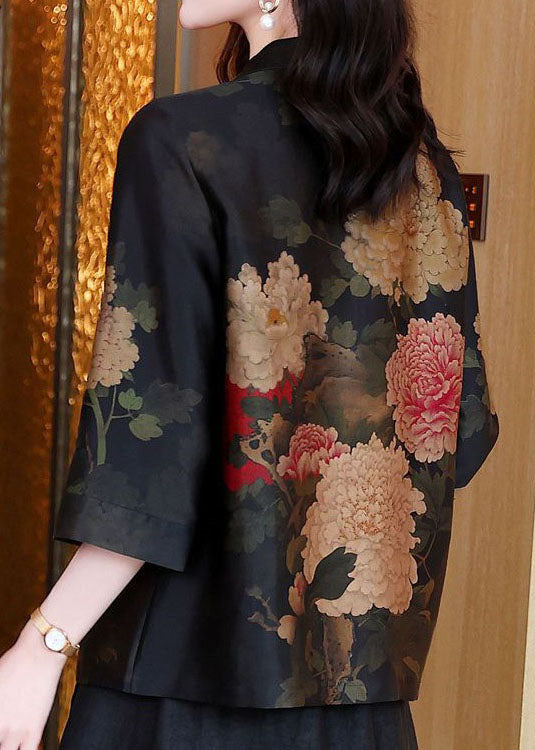 Black V Neck Tasseled Print Patchwork Silk Jackets Spring