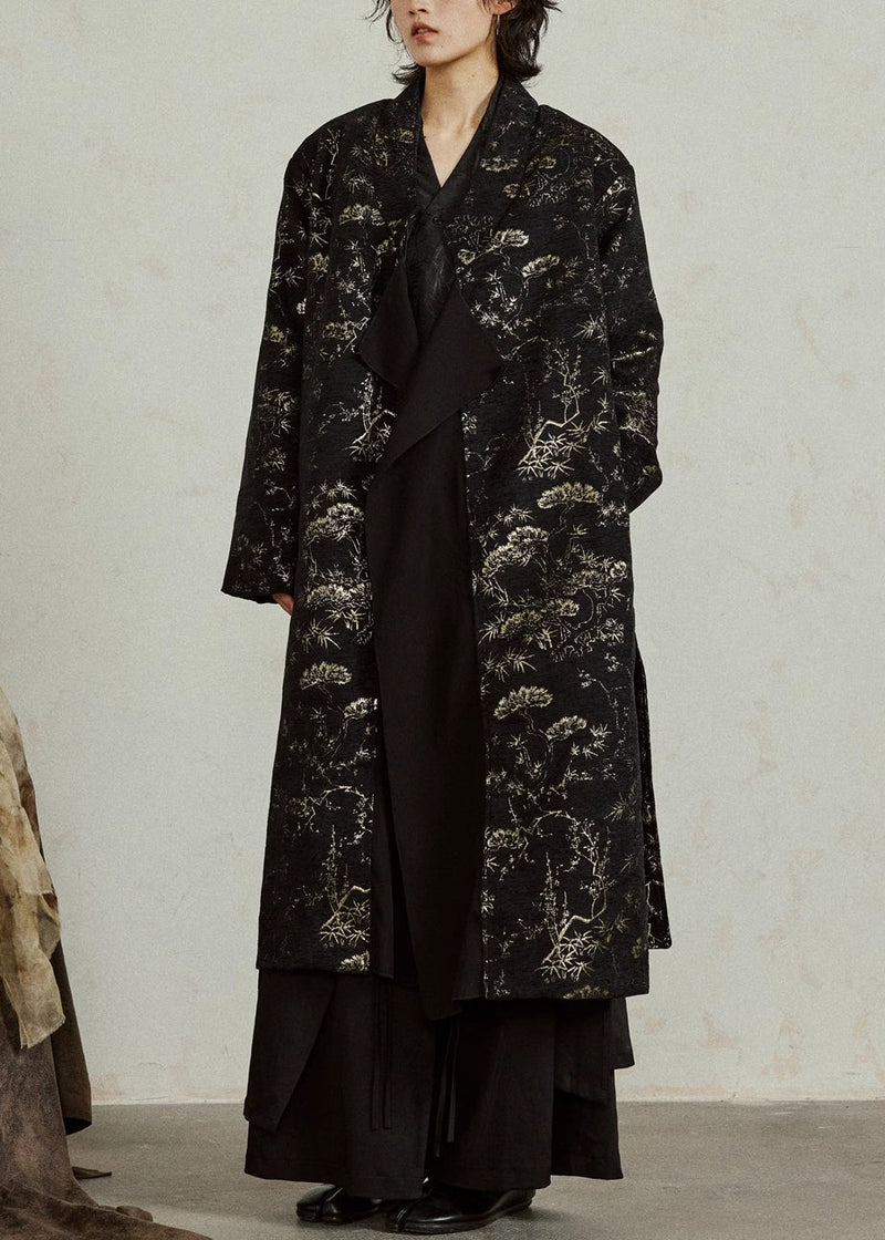 Black V Neck Tie Waist Jacquard Maxi Coats Fall
