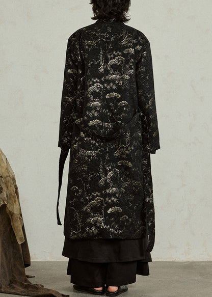 Black V Neck Tie Waist Jacquard Maxi Coats Fall