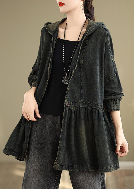 Black V Neck Wrinkled Pockets Hooded Denim Coats Fall