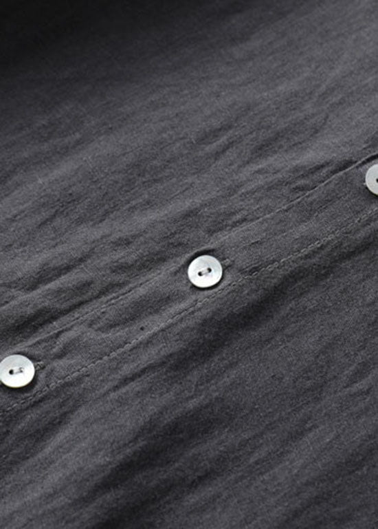 Black Wrinkled Embroideried Patchwork Linen Dress Summer