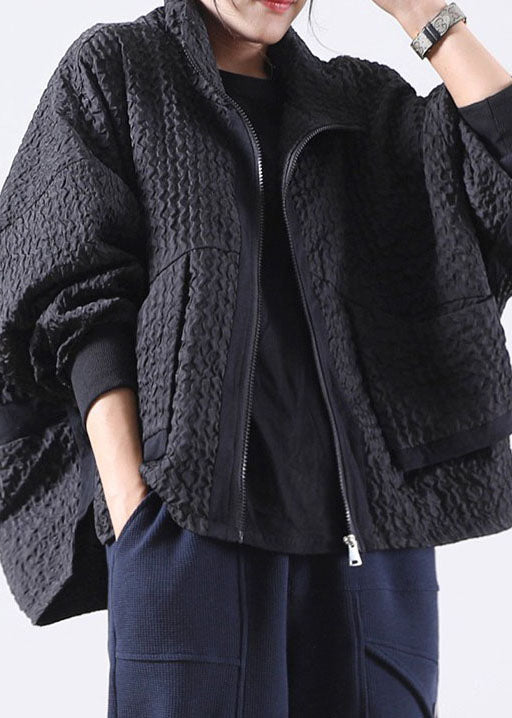 Black Zip Up Pockets Corduroy Jackets Spring