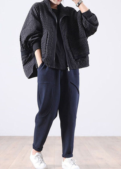Black Zip Up Pockets Corduroy Jackets Spring