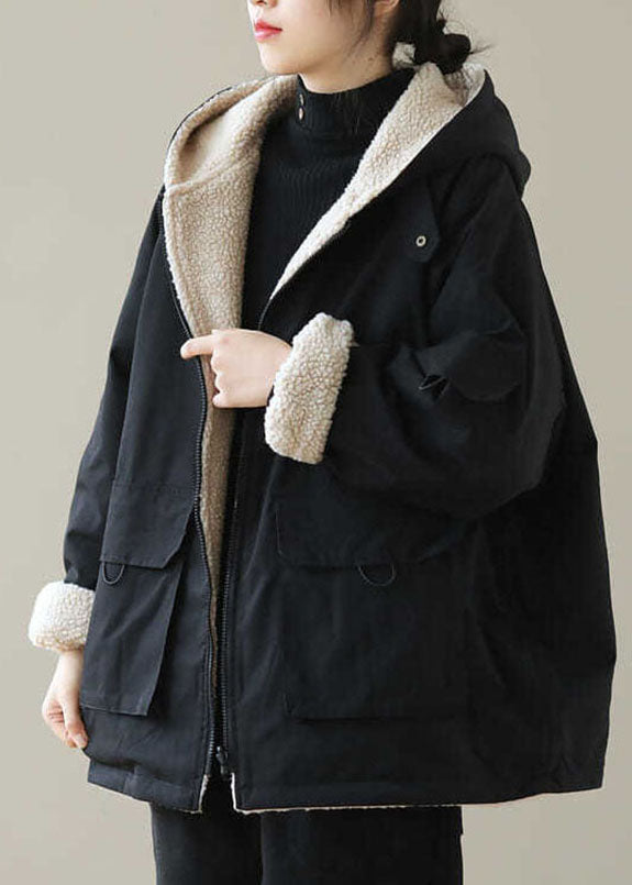 Black Zippered Fleece Wool Lined Hoodies Parka Winter