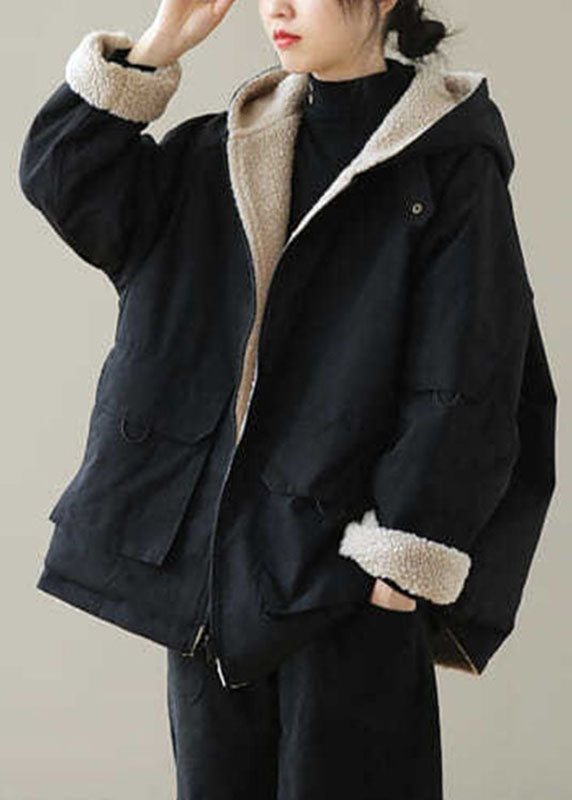 Black Zippered Fleece Wool Lined Hoodies Parka Winter