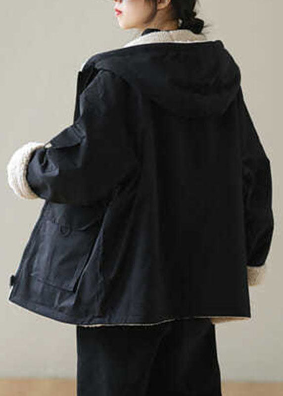 Black Zippered Fleece Wool Lined Hoodies Parka Winter
