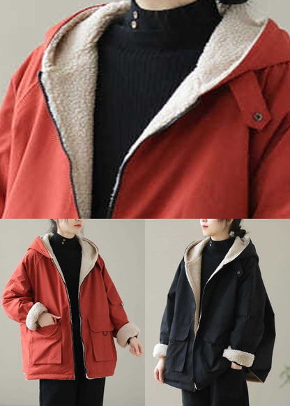 Black Zippered Fleece Wool Lined Hoodies Parka Winter