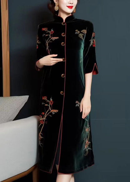 Blackish Green Embroidered Button Silk Velour Dress Long Sleeve