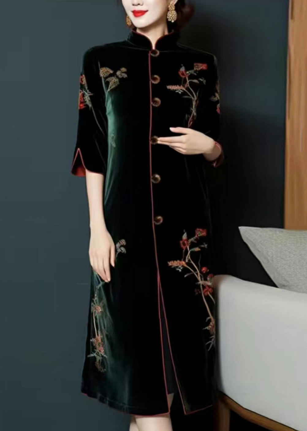 Blackish Green Embroidered Button Silk Velour Dress Long Sleeve