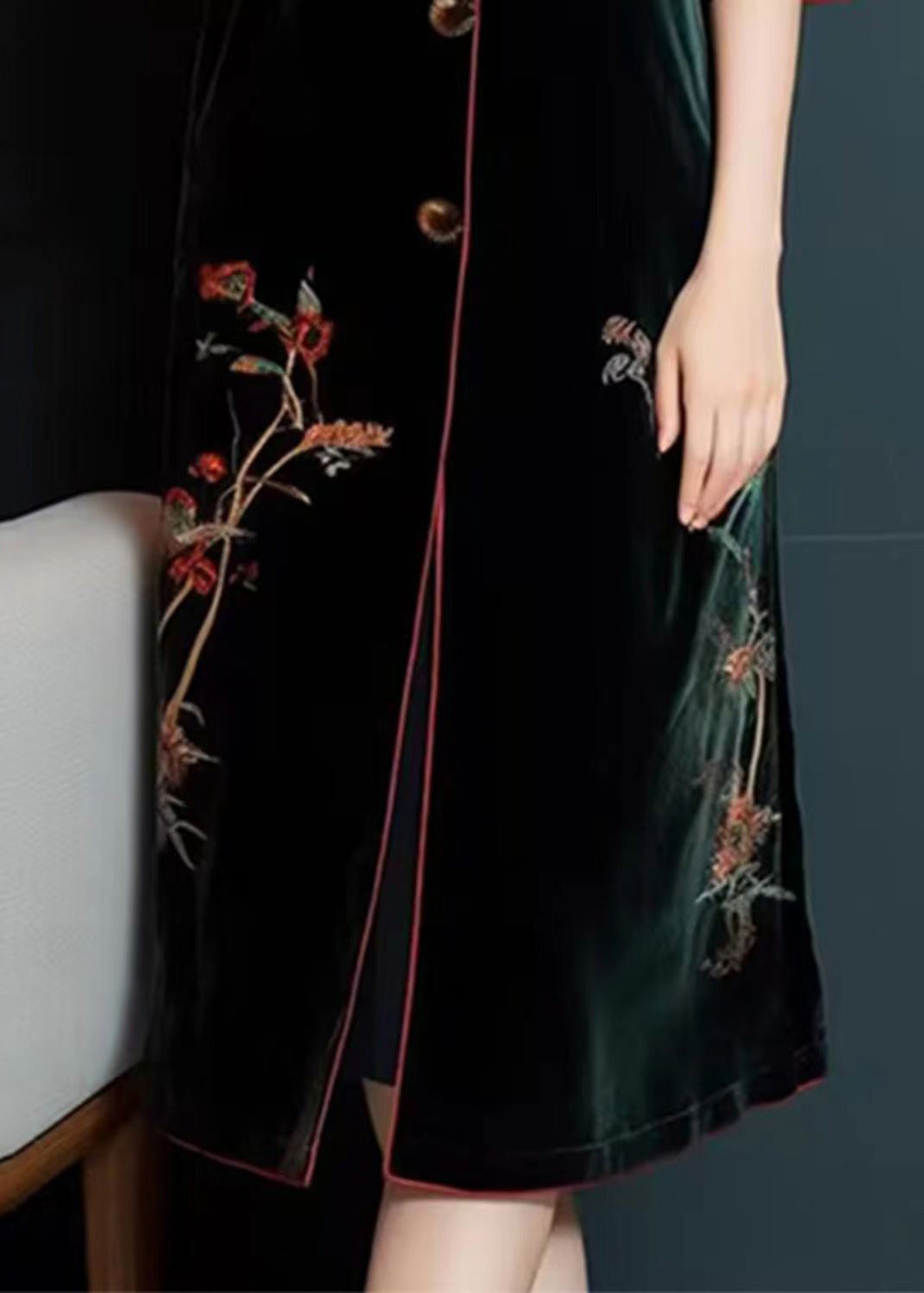Blackish Green Embroidered Button Silk Velour Dress Long Sleeve
