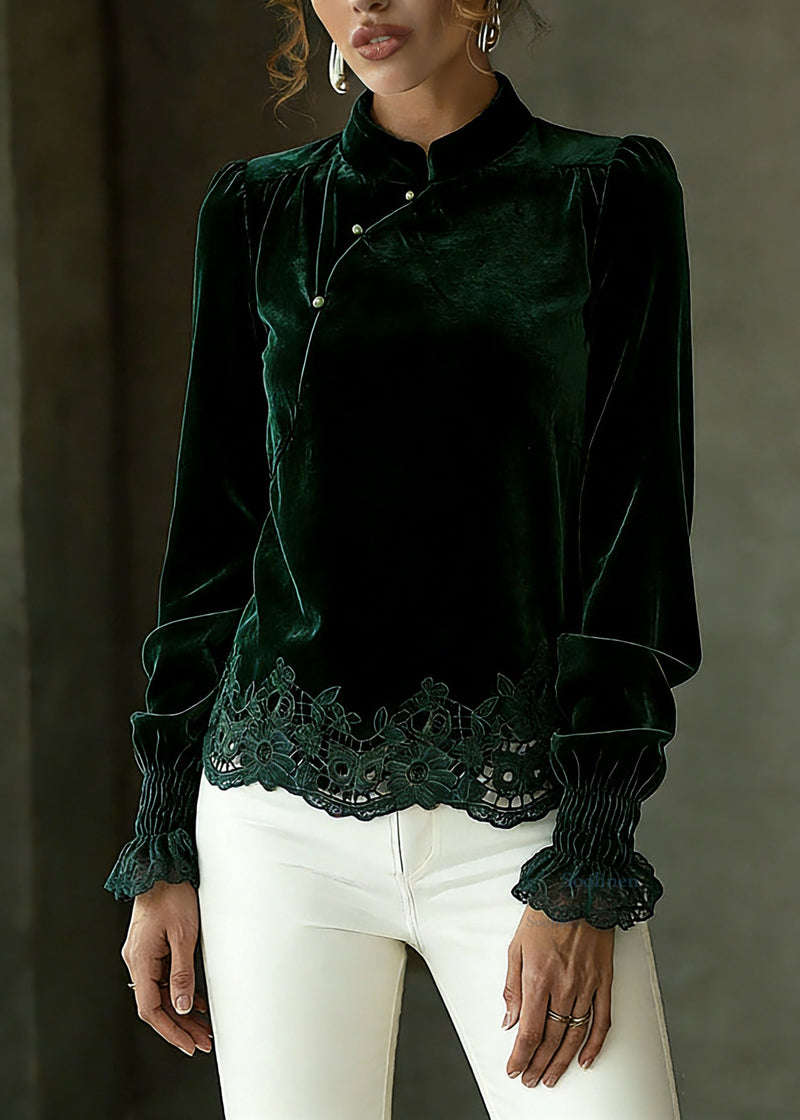 Blackish Green Hollow Out Shirts Lantern Sleeve