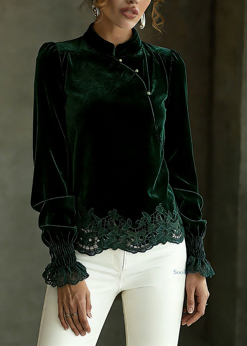 Blackish Green Hollow Out Shirts Lantern Sleeve