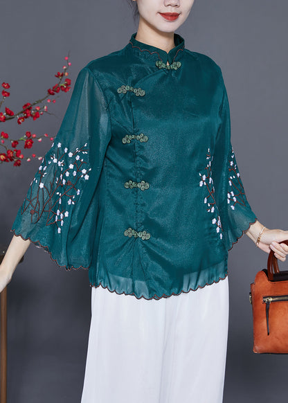 Blackish Green Mandarin Collar Embroideried Silk Blouses Flare Sleeve