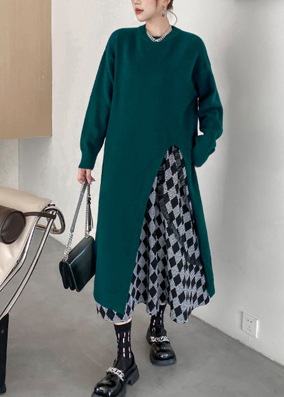 Blackish Green O-neck Cozy Knit Sweater Dress Winter
