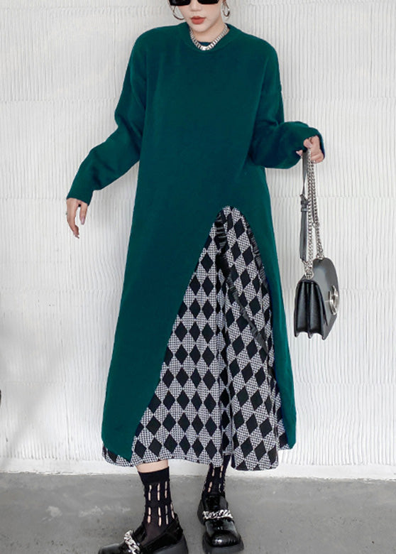 Blackish Green O-neck Cozy Knit Sweater Dress Winter