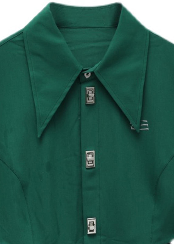 Blackish Green Peter Pan Collar Button Tops Long Sleeve