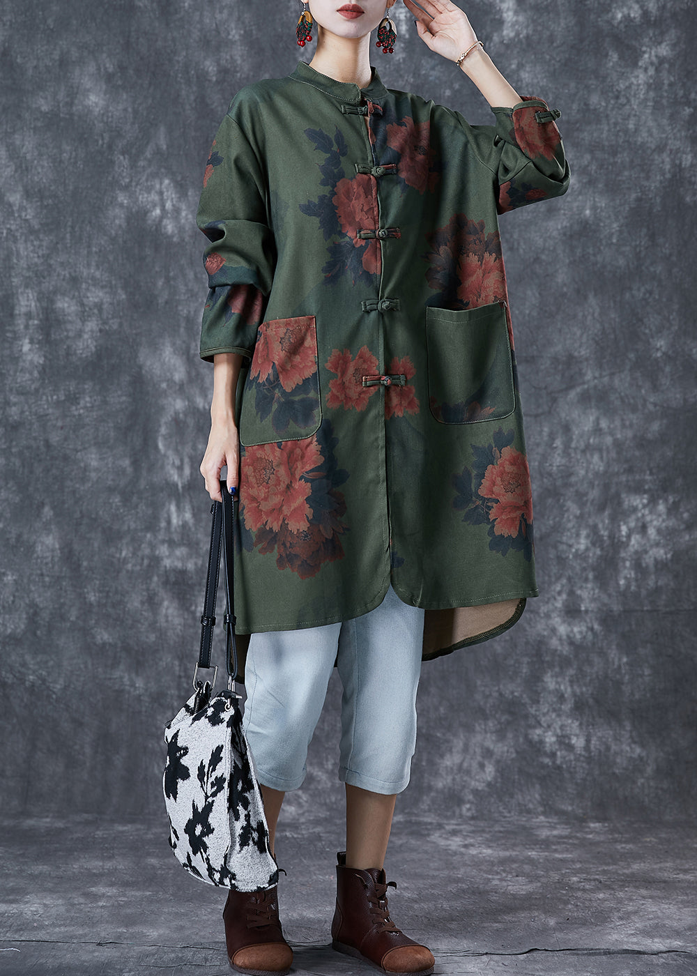 Blackish Green Print Chinese Button Linen Long Shirts Fall