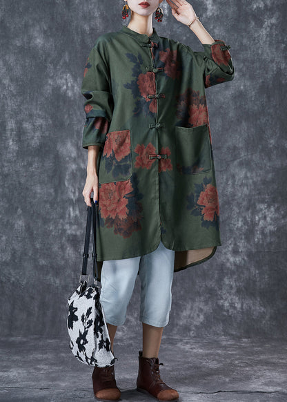 Blackish Green Print Chinese Button Linen Long Shirts Fall