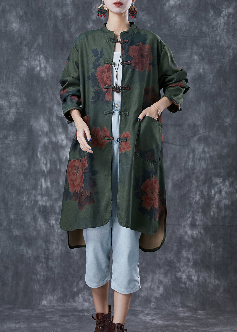 Blackish Green Print Chinese Button Linen Long Shirts Fall