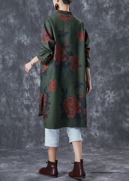 Blackish Green Print Chinese Button Linen Long Shirts Fall