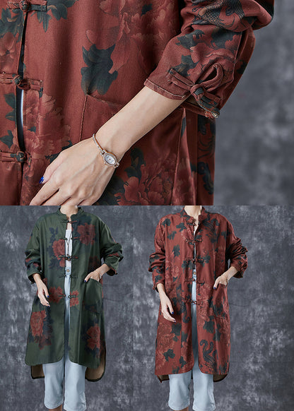 Blackish Green Print Chinese Button Linen Long Shirts Fall