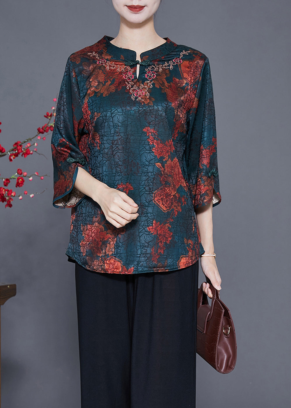 Blackish Green Print Craquelure Silk Shirt Tops Bracelet Sleeve