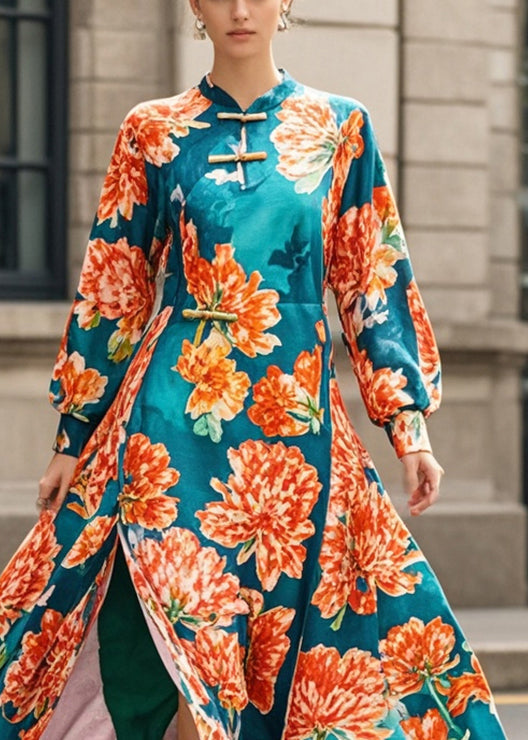 Blackish Green Print Side Open Cheongsam Dress Spring