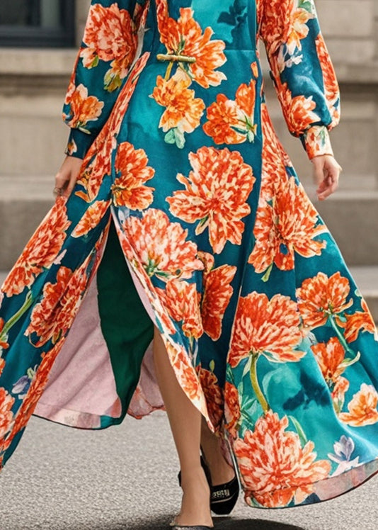 Blackish Green Print Side Open Cheongsam Dress Spring