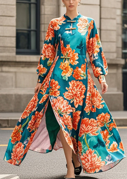 Blackish Green Print Side Open Cheongsam Dress Spring