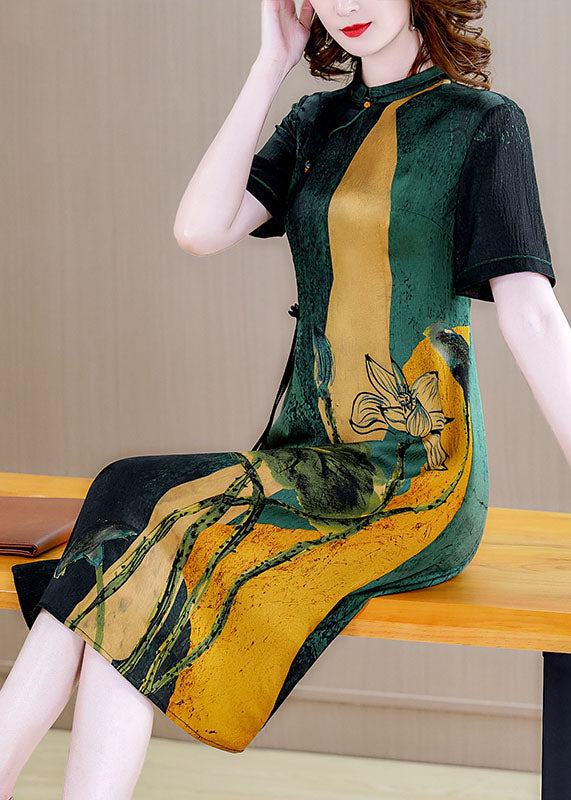 Blackish Green Stand Collar Print Silk Cheongsam Dress Short Sleeve