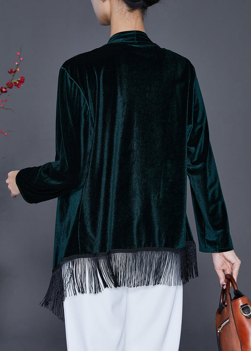 Blackish Green Tasseled Patchwork Silk Velour Cardigan Fall