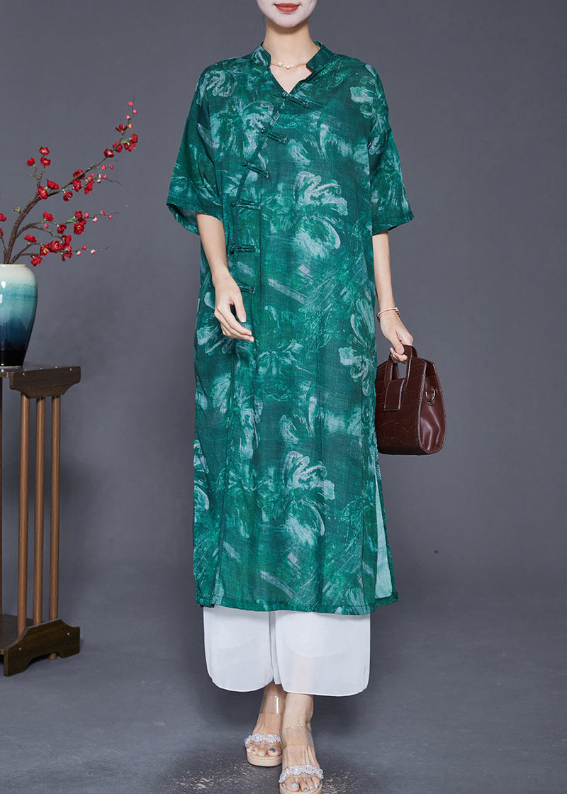 Blackish Green V Neck Tie Dye Linen Gown Dresses Half Sleeve