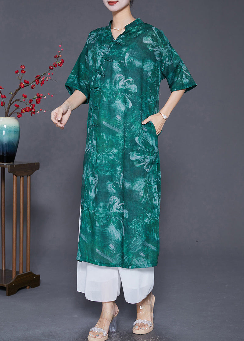 Blackish Green V Neck Tie Dye Linen Gown Dresses Half Sleeve