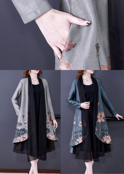 Blue Asymmetrical Tulle Patchwork Loose Cardigans Long Sleeve