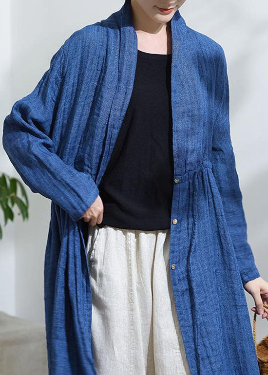 Blue Bow Button Drawstring Trench Coats Long Sleeve