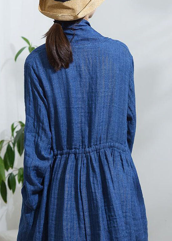 Blue Bow Button Drawstring Trench Coats Long Sleeve