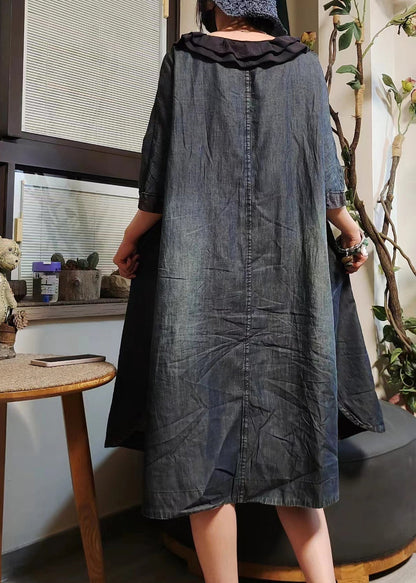 Blue Button Pockets Denim Shirts Dress Half Sleeve