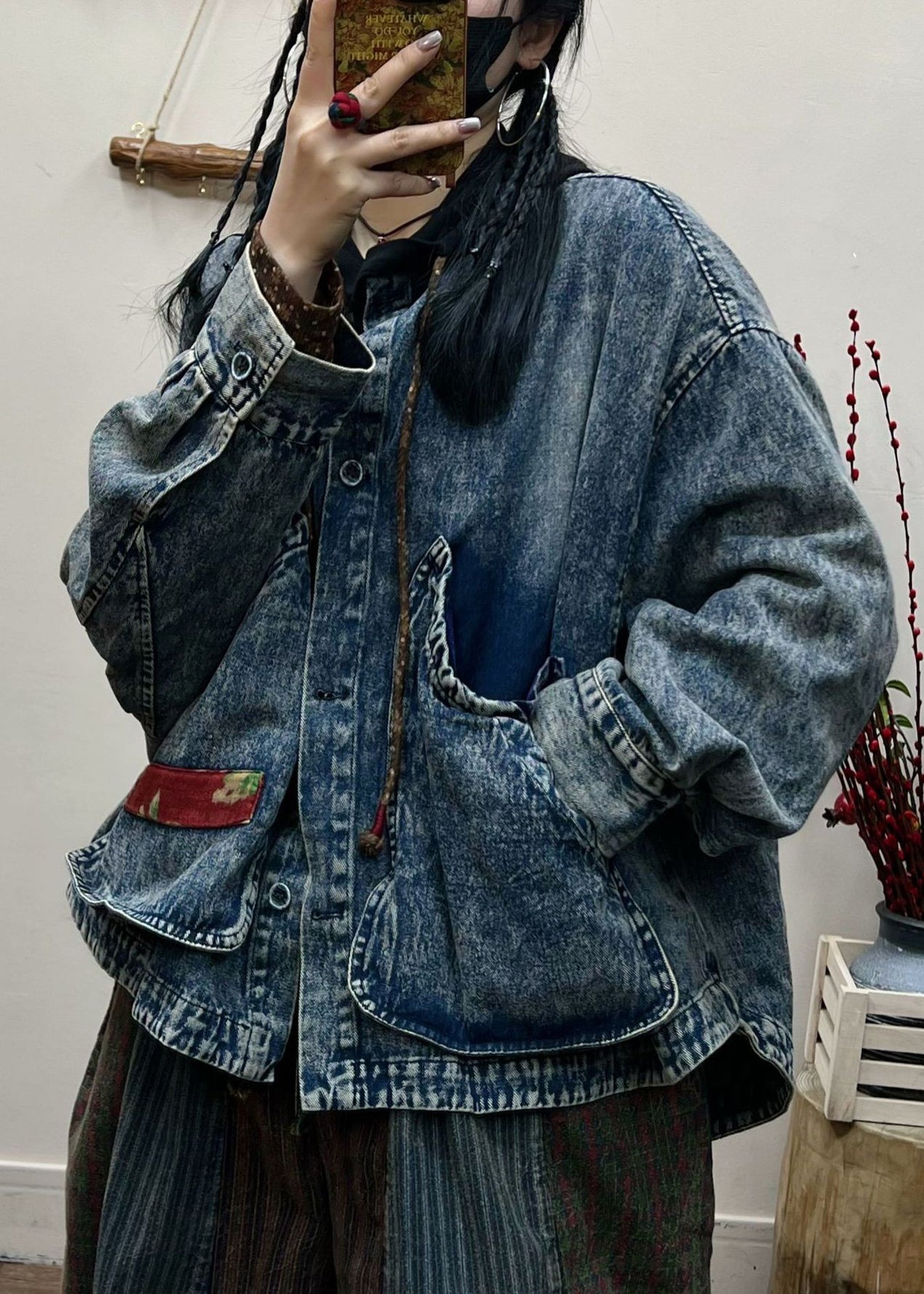 Blue Button Pockets Patchwork Denim Coat Fall