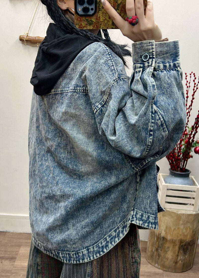 Blue Button Pockets Patchwork Denim Coat Fall