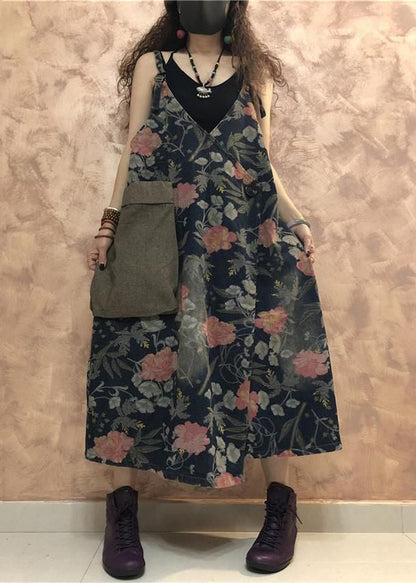 Blue Button Print Denim Spaghetti Strap Dress Sleeveless