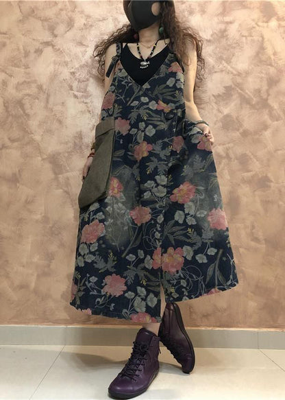 Blue Button Print Denim Spaghetti Strap Dress Sleeveless