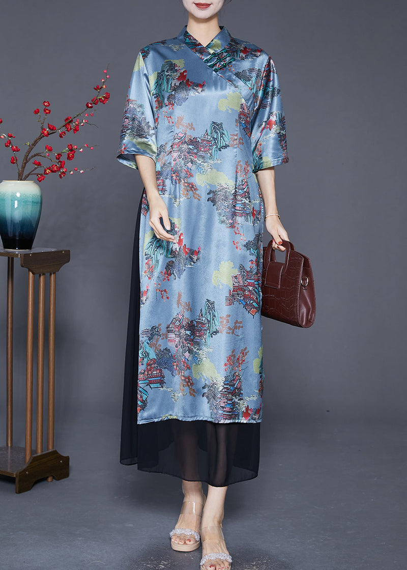 Blue Chinese Button Patchwork Silk Fake Two Piece Dresses Summer