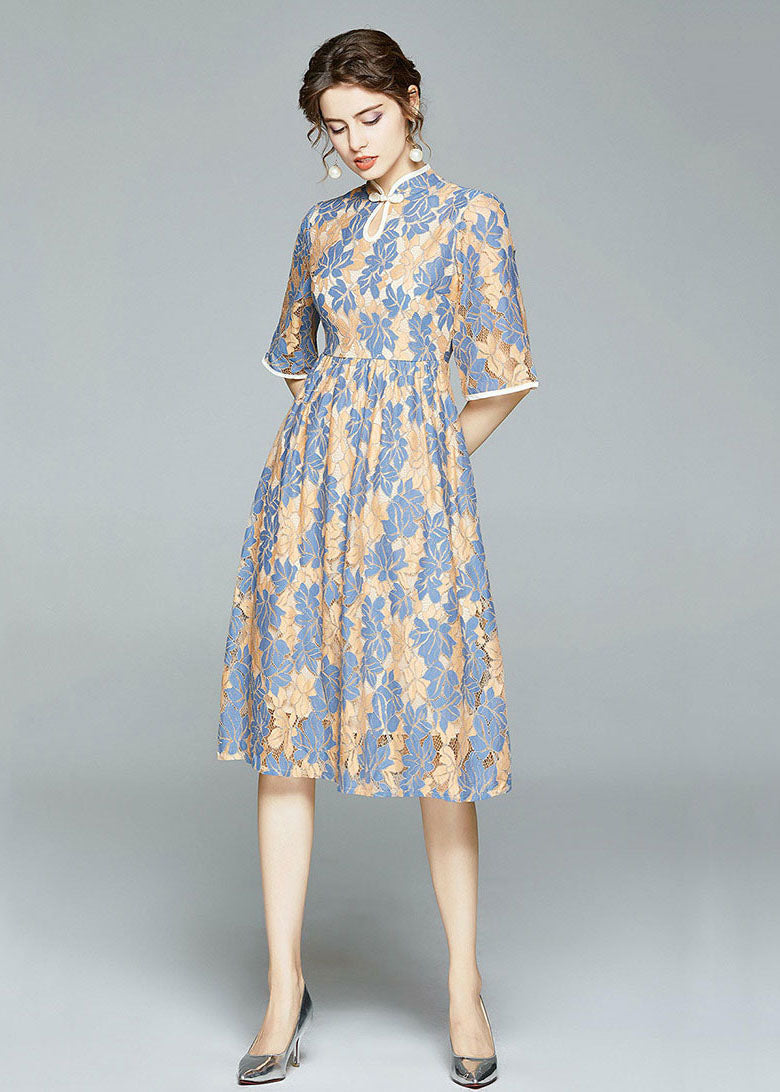 Blue Chinese Button Wrinkled Patchwork Lace Dress Summer