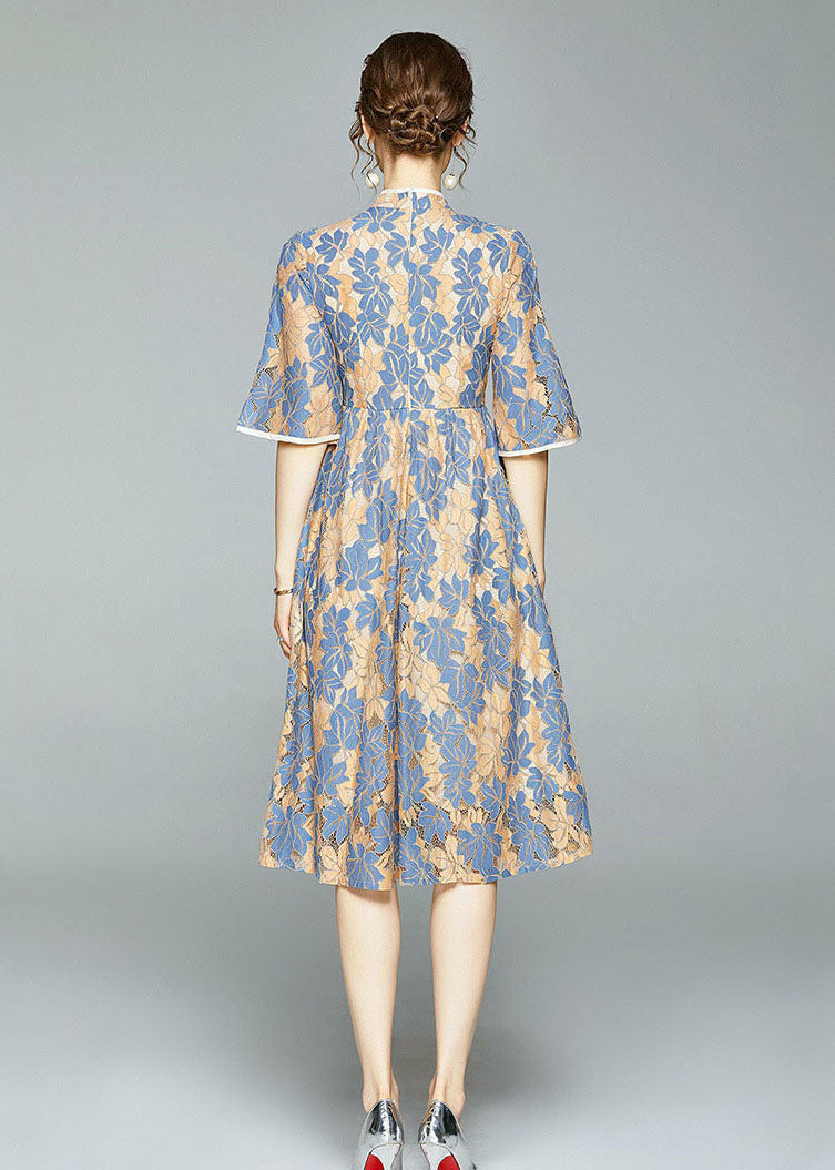 Blue Chinese Button Wrinkled Patchwork Lace Dress Summer