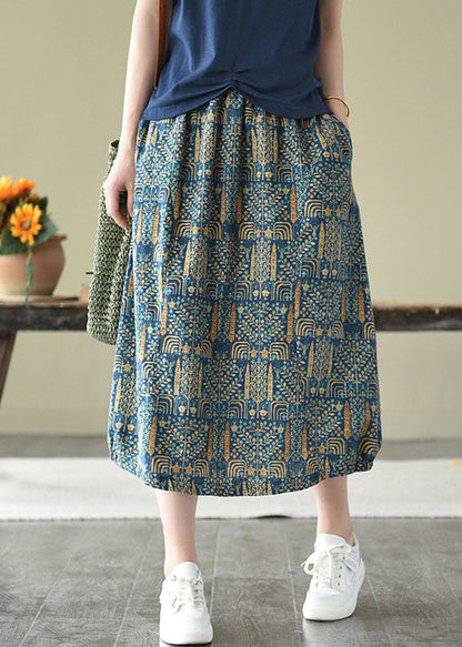 Blue Elastic Waist Pockets Print Linen Skirts Summer