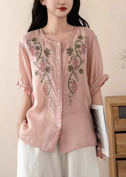 Blue Embroidered Linen Top Summer