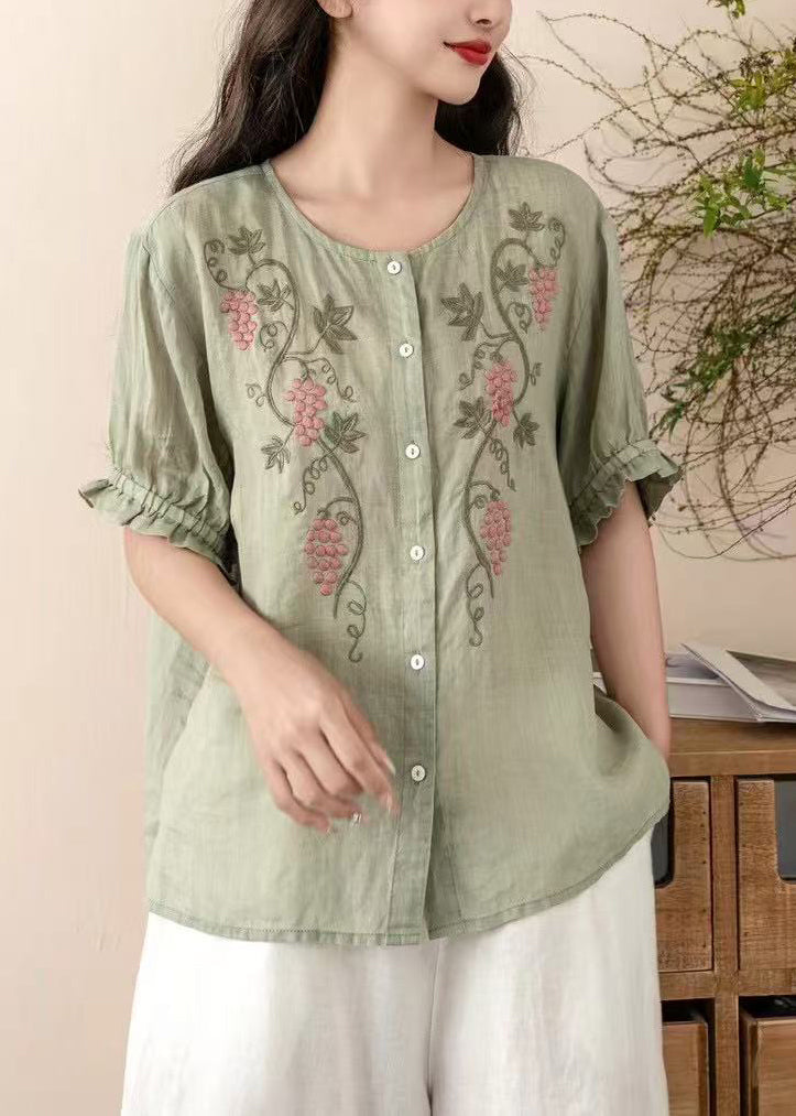 Blue Embroidered Linen Top Summer