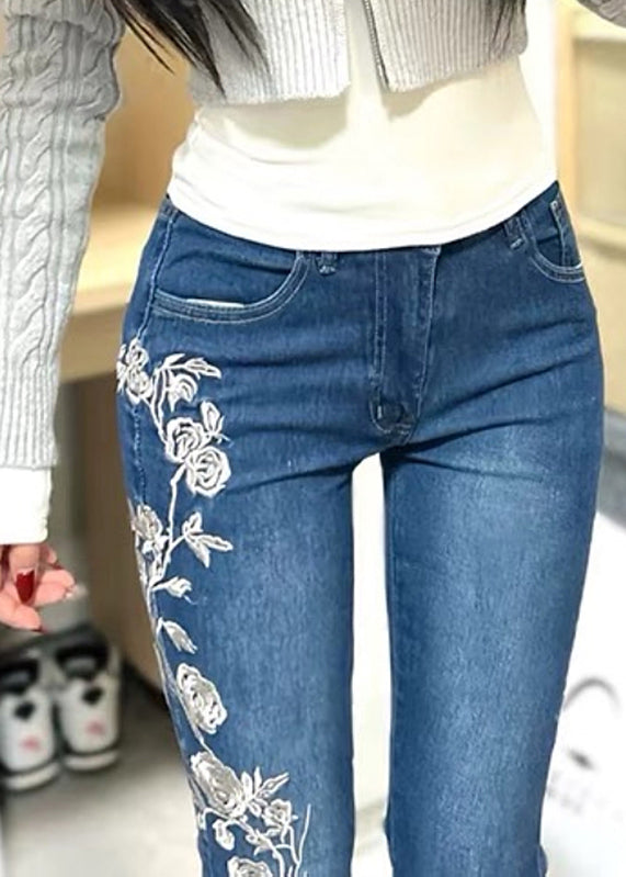 Blue Embroidered Pockets Denim Flared Trousers Spring
